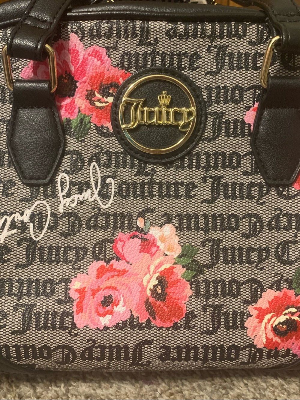 Juicy Couture Black Logo Satchel with Pink Floral Print